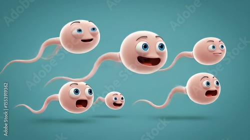 Cartoon sperm cells in group smiling and swimming forward in joyful expression