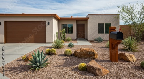 Contemporary home exterior with desert landscaping