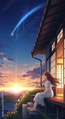 Anime-style art of a girl sitting on a porch watching a shooting star. Sunset, rural landscape. Peaceful, serene scene.