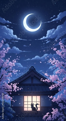 Anime style art of a cat silhouetted in a window, with a crescent moon and blossoming cherry trees. Calm, serene, nighttime scene.