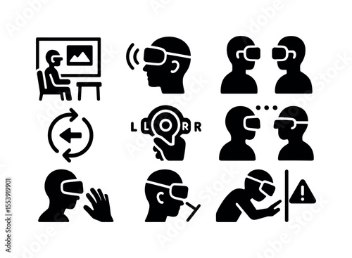 Virtual reality, communication solid icon set. interaction, connection icons collection
