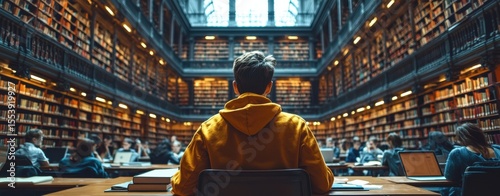 Student Studying in a Grand Library