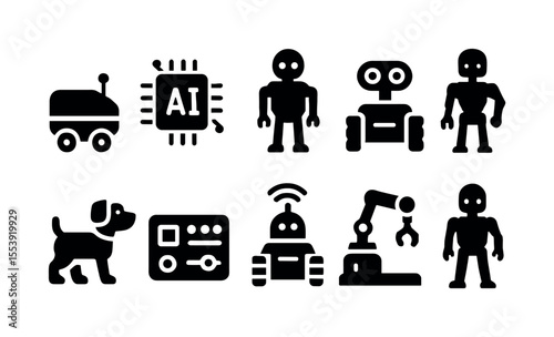 Ai and robotics solid icon set. technology, automation, machine icons solid collection