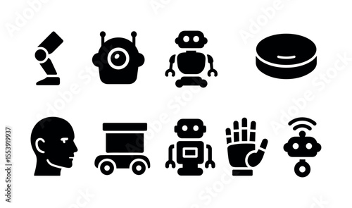 Robot, technology solid icon set. robotics, artificial intelligence symbols collection