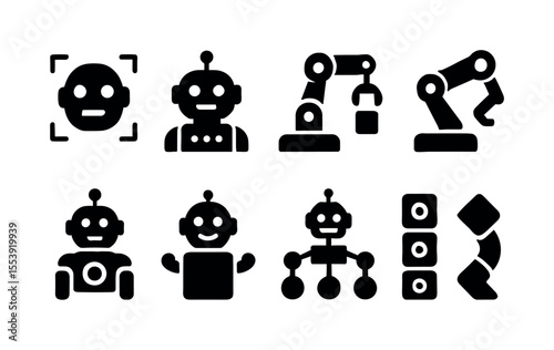 Robotics and automation solid icon set: industrial and ai machine symbols