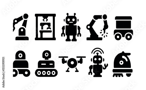 Robot, automation solid icon set. industrial, ai technology, machinery graphics