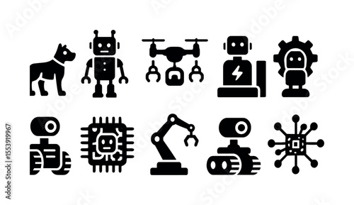 Robot and ai silhouette icon set. robotics, automation, tech silhouette collection