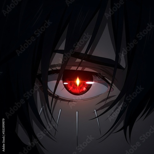 Close-up of an anime characters face, focusing on a glowing red eye. Dark hair partially obscures the face. Markings are seen below the eye. Intense gaze.