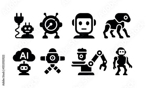 Robotics, ai silhouette icon set. technology, automation symbols silhouette collection