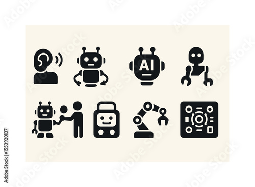 Robotics, ai silhouette icon set. automation, technology silhouettes collection