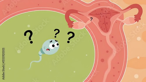 Cartoon sperm cell looking confused near uterus with question marks in educational diagram