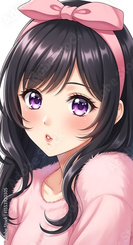Cute anime girl with purple eyes, dark hair, & pink headband. She wears a pink sweater and has a surprised expression.