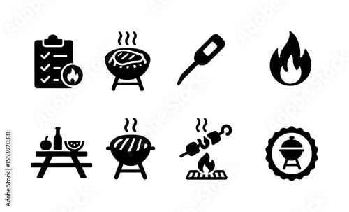 Barbecue, grilling solid icon set. cookout, picnic, flame, bbq tools collection