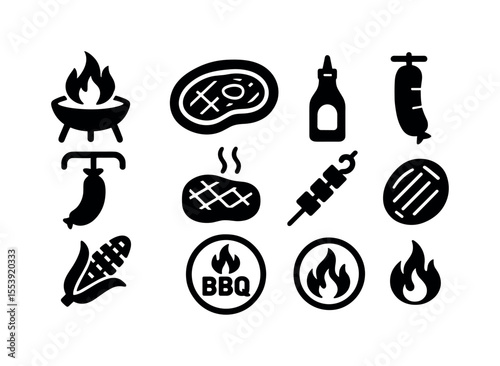 Barbecue solid icon set. grilling, bbq, sausage, skewer, cooking outline collection