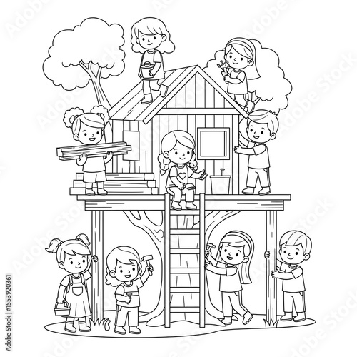 Children working together building a treehouse with wood and tools isolated on transparent background