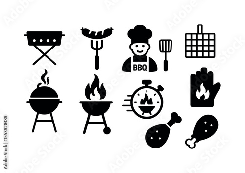 Bbq, grilling solid icon set. outdoor cooking tools and equipment icons solid pack