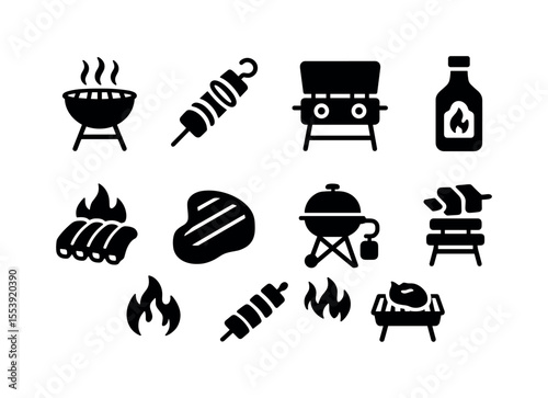 Barbecue solid icon set. grilling, cooking essentials in solid style