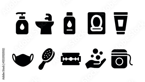 Hygiene and personal care filled icon set. soap, shampoo, mask, hygiene collection