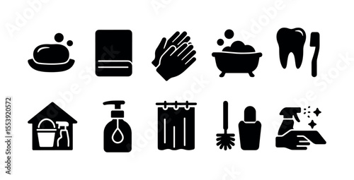 Cleaning and hygiene solid icon set. soap, toothbrush, towel graphics in bold design