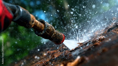 Wallpaper Mural A close-up shot of a water hose spraying droplets onto a wooden surface, showcasing the beauty of water movement and the refreshing essence of nature in a vibrant environment. Torontodigital.ca