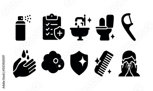 Hygiene and safety silhouette icon set: cleanliness, health, protection, solid collection