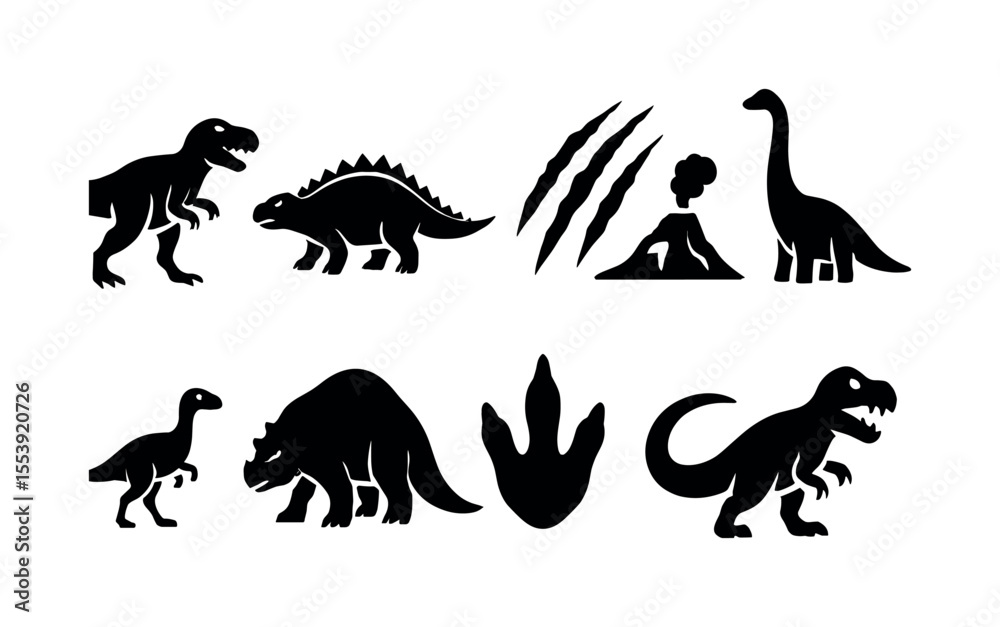 Naklejka premium Dinosaur silhouette icon set. prehistoric, fossil, jurassic, extinct, symbols collection