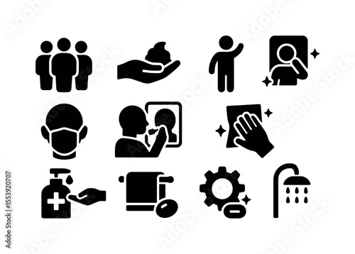 Hygiene and cleanliness solid icon set: mask, handwash, cleaning essentials collection
