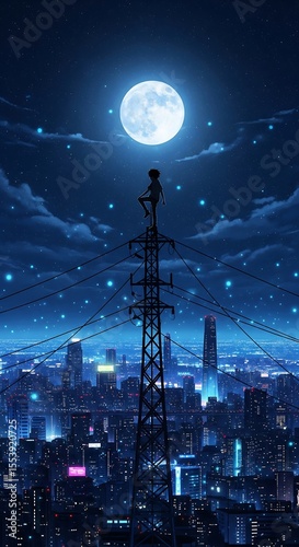 Silhouette of a child on a power line, with the moon as a backdrop over a glowing city at night. Fantasy, dreamy scene.