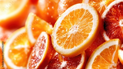 Vibrant slices of oranges glisten in the light, showcasing their juicy texture and bright colors, symbolizing freshness, health, and the energy of nature's bounty.