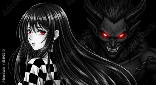 Anime girl with black hair and red eyes stands before a shadowy, menacing demon figure. High contrast art style, emphasizing the girl and her demonic counterpart.