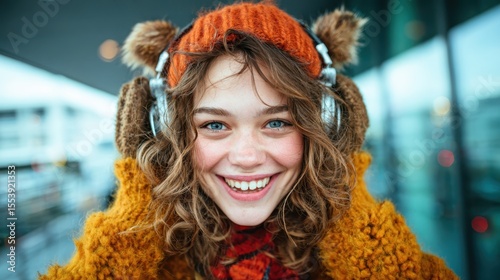 A cheerful young girl in an adorable winter outfit smiles brightly while wearing headphones, radiating happiness and innocence as she enjoys her favorite music outdoors.