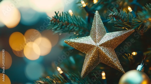 Christmas tree star ornament lights bokeh holiday season festive decoration background wallpaper design