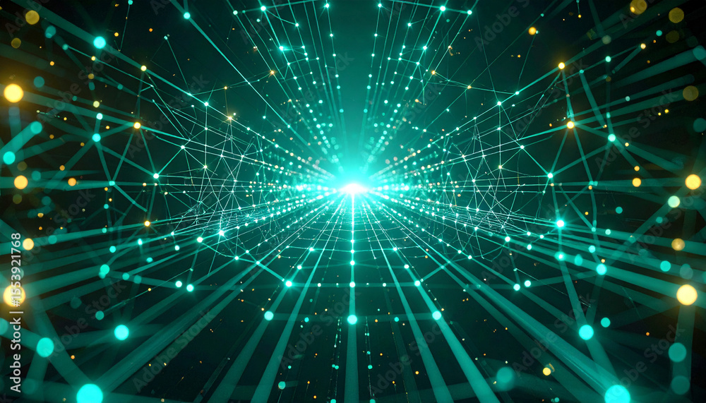 Fototapeta premium Abstract Neural Web with Data Pulses and Copy Space. AI themed Background. Generated Image