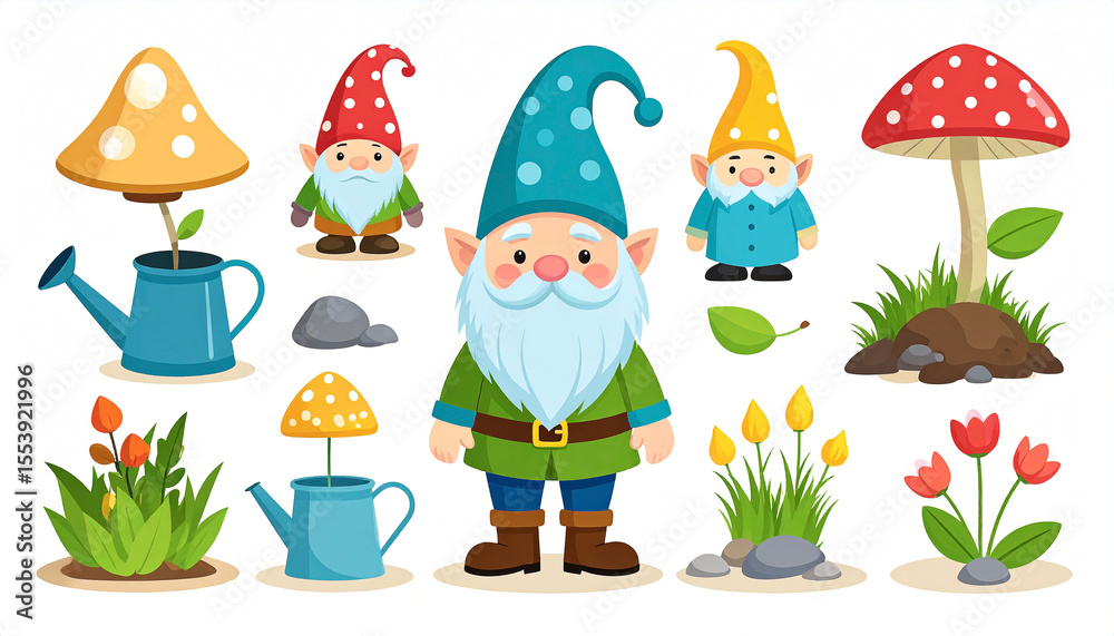 Fototapeta premium Cartoon gnomes and garden elements