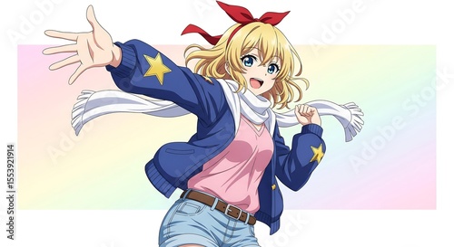 Anime girl with blonde wavy hair, blue eyes, wearing a blue jacket with star details, pink shirt, denim shorts, a scarf, and a red hair ribbon. Shes smiling and waving.