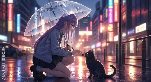 Anime girl with purple hair and clear umbrella offering a red fruit to a black cat on a wet, city street at night. Neon lights reflect on the pavement.