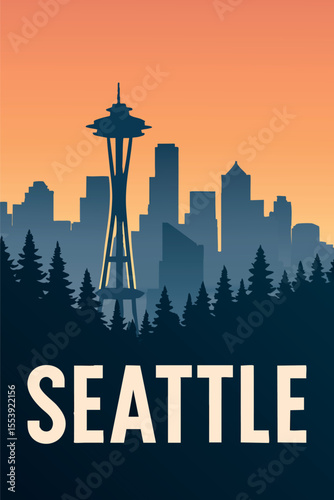 Seattle?s Iconic Skyline Surrounded by Pine Forests.eps