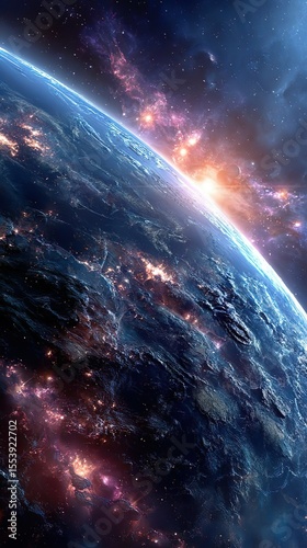 Planet Earth seen from space, detailed view of the Earth's surface,  glowing city lights, dramatic sunrise, colorful nebulae and stars in the cosmos, clouds and oceans,  surreal atmosphere.