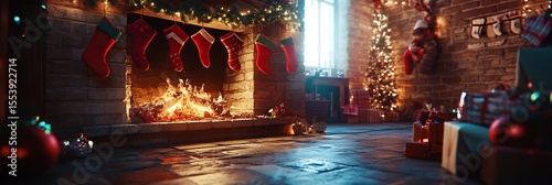 Christmas fireplace stockings gifts tree lights cozy home festive holiday decoration warm indoor scene