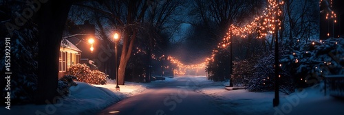 Winter christmas lights neighborhood street snow scene holiday season landscape photography scenic view