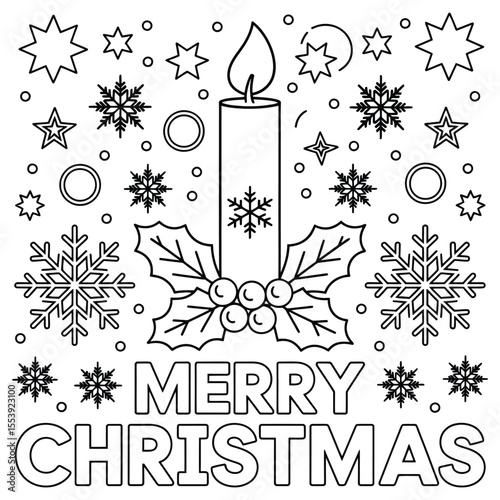 Merry Christmas Coloring Page Line Art Candle Holly Snowflakes Stars Outline