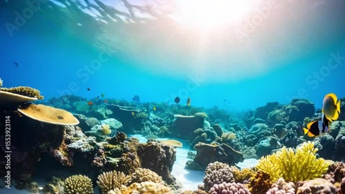 Sunlit coral reef vibrant fish underwater ocean scene, screensaver