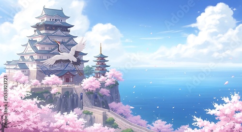 Anime-style castle perched atop cliffs by the sea, surrounded by cherry blossoms. A white crane flies nearby. Bright blue sky and white clouds.