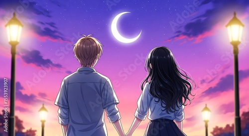 Anime-style image shows a couple holding hands, gazing at a crescent moon in a purple and pink sky. Street lamps illuminate the scene.