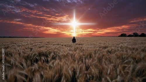 Christian silhouette praying in golden wheat field under glowing cross light at sunset, spiritual worship and faith scene for inspirational or religious video background