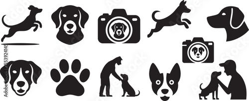 Black dog silhouettes and icons including jumping dogs paw print and people with dogs animal