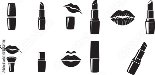 Black lipstick and lip icons arranged on white background makeup beauty