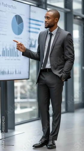 Confident business professional presenting data insights in a modern office setting, showcasing leadership and analytical skills.