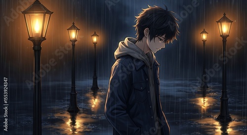 An anime-style boy stands forlorn in the rain, surrounded by glowing lampposts. He appears sad, lost in thought. Dark, moody lighting.