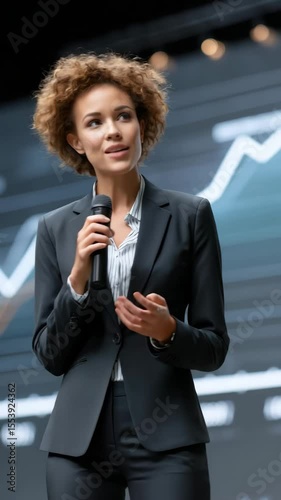 Confident businesswoman presenting statistics with growth trends in the background during a corporate event.